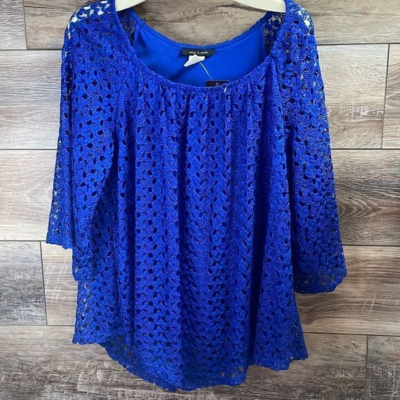 Jennie & Marlis Women’s Royal Blue Lace Overlay Blouse Size Large NWT - Picture 3 of 10